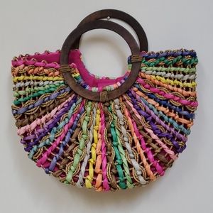 Bohemian Straw Half Moon Rainbow Color Handbag